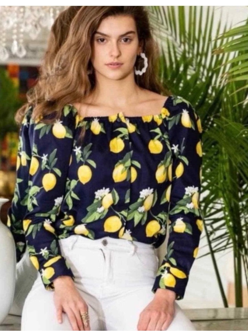The Shirt by Rochelle Behrens Lemon Peasant Blouse Woman Size Large Italy Resort